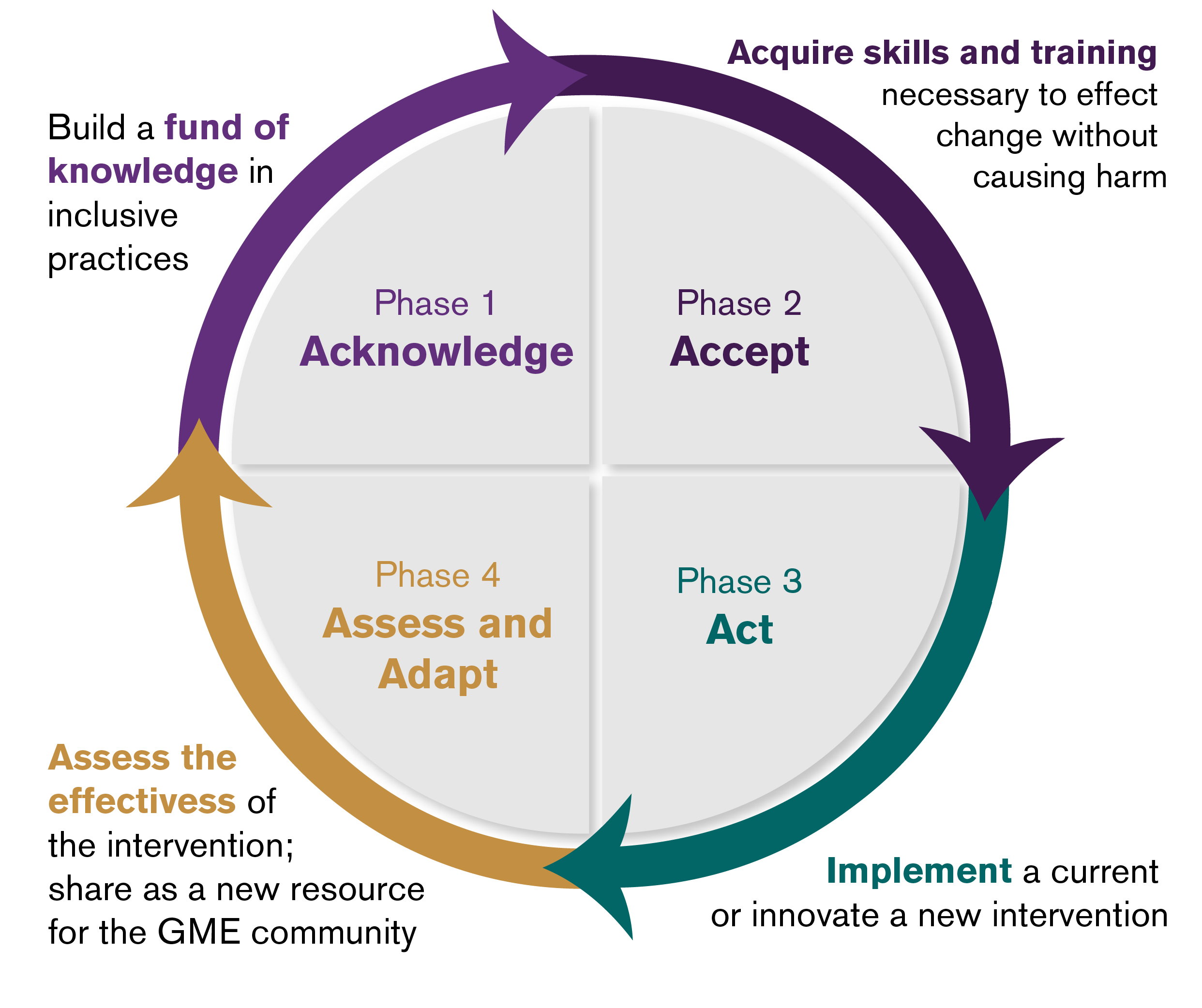 Phase 1 Acknowledge: Build a fund of knowledge in inclusive practices. Phase 2 Accept: Acquire skills and training necessary to effect change without causing harm. Phase 3 Act: Implement a current or innovate a new intervention. Act 4 Assess and Adapt: Assess the effectiveness of the intervention; share as a new resource for the GME community.